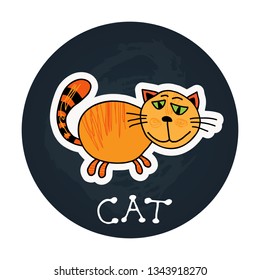 Cute doodle ginger cat isolated on blue background. Design element for magnet, sticker or greeting card. Hand drawing style.