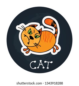 Cute doodle ginger cat isolated on blue background. Design element for magnet, sticker or greeting card. Hand drawing style.