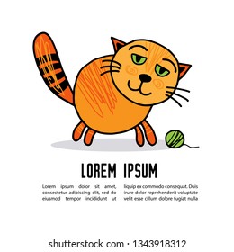 Cute doodle ginger cat isolated on white background with text frame. Template for leaflet, poster, booklet or greeting card. Hand drawing style.