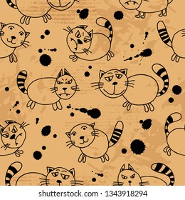 Cute doodle ginger cats pattern. Seamless background. Design element for fabric, gift wrap or wallpaper. Hand drawing style.