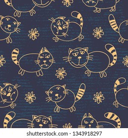 Cute doodle ginger cats pattern. Seamless background. Design element for fabric, gift wrap or wallpaper. Hand drawing style.