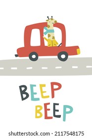 Cute doodle giraffe driving a red car. Nursery poster with automobile driving on the road.