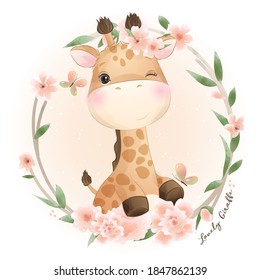 Cute Doodle Giraffe With Floral Illustration