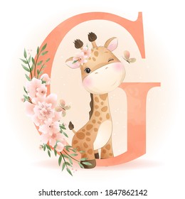 Cute doodle giraffe with floral illustration