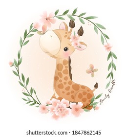 Cute doodle giraffe with floral illustration