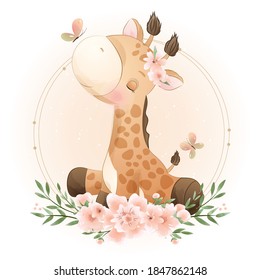 Cute doodle giraffe with floral illustration