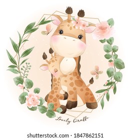 Cute doodle giraffe with floral illustration