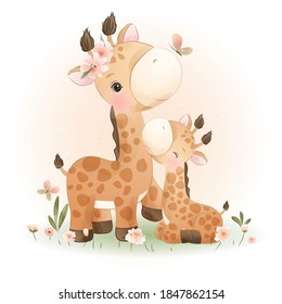 Cute doodle giraffe with floral illustration