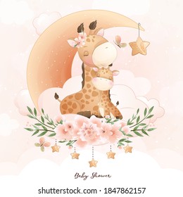 Cute doodle giraffe with floral illustration