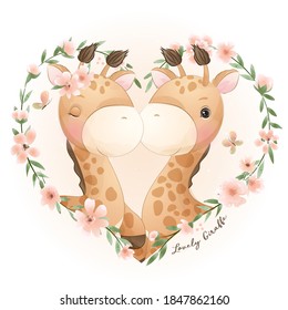 Cute doodle giraffe with floral illustration