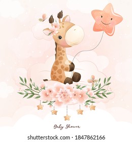 Cute doodle giraffe with floral illustration