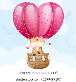 Cute doodle giraffe flying with air balloon for valentine’s day collection