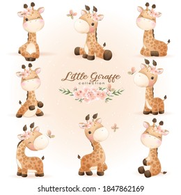 Cute doodle giraffe poses with floral illustration
