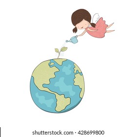 Cute doodle of a girl angel girl watering sapling of world, gardening, drawing by hand vector 