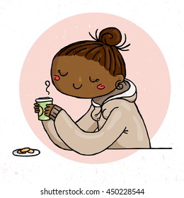 Cute doodle girl with cup of tea and cookies. Illustration of hipster comfort.