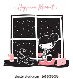 cute doodle a girl hold a pink coffee cup sitting near window on raining night with lazy cat, work from home with cat