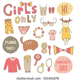 Cute doodle girl objects collection including pyjamas, bow, panties, t shirt, mirror, eye shadows, ring, jeans, cat, bracelet, jacket, corset, necklace, bra. Objects for girls party,bachelorette party
