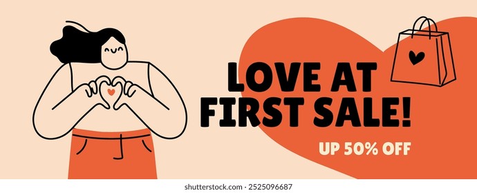 Cute doodle girl showing love gesture. Valentines sale banner concept. Vector illustration.