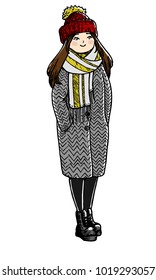 Cute doodle girl. Sketchy style. Hand drawn vector isolated illustration.
