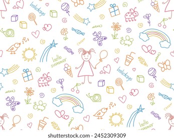 Cute doodle chicas patrón sin fisuras. Vacaciones de verano, ilustración de la infancia feliz. Niños Abstractas dibujando Elementos de fondo colorido