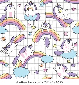 doodle lindo gentil kawaii pink pastel unicornio gatos con nubes arco iris y estrellas fondo de patrón sin fisuras