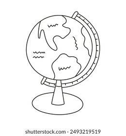 Cute doodle globe with stand for school lesson of geography. Table and desk Earth globe with world map, ocean, continents for back to school, study, education. Hand drawn outline isolated clipart.