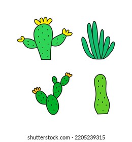 Cute doodle green cactuses and aloe isolated on white background.