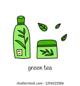 Cute doodle green tea cosmetics for skin care isolated on white background.