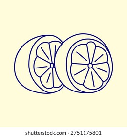 Cute doodle halved oranges in Mediterranean line art style isolated on pastel background. Juicy tropical citrus fruits. Vitamin C source. Simple vector outline illustration.