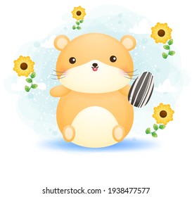 Cute doodle hamster holding sunflower seed cartoon character Premium Vector Perfect for merchandise