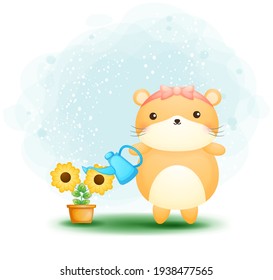 Cute doodle hamster watering the plant Premium Vector Perfect for merchandise