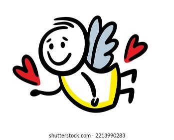 Cute doodle hand drawn angel character fluing in the sky with hearts. Vector illustration of funny person with wings.