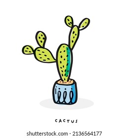 Cute doodle Hand drawn cactus print, Potted plant doodle cartoon drawing set collection vector illustration