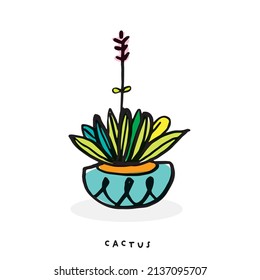 Cute doodle Hand drawn cactus print, Potted plant doodle cartoon drawing set collection vector illustration
