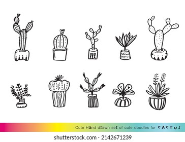 Cute doodle Hand drawn cactus print, Potted plant doodle cartoon drawing set collection vector illustration