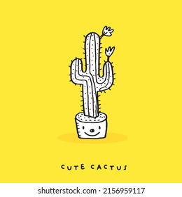 Cute doodle Hand drawn cactus print, Potted plant doodle cartoon drawing set collection vector illustration