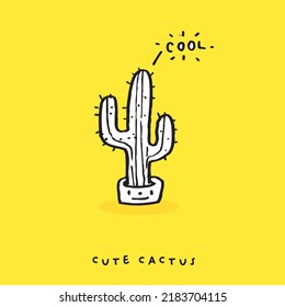 Cute doodle Hand drawn cactus print, Potted plant doodle cartoon drawing set collection vector illustration