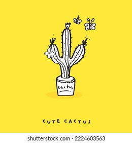 Cute doodle Hand drawn cactus print, Potted plant doodle cartoon drawing set collection vector illustration