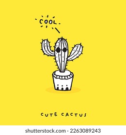 Cute doodle Hand drawn cactus print, Potted plant doodle cartoon drawing set collection vector illustration
