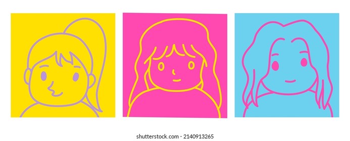 cute doodle hand drawn cartoon set of women face profile picture in bright color.
