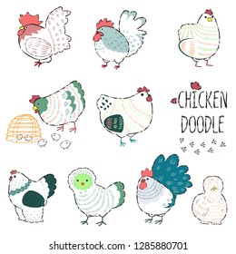 Cute doodle hand drawn character of chicken in farm
