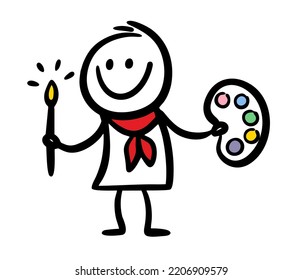 Cute doodle hand drawn character painting with smile. Vector illustration of artist with brush and colors in hands.