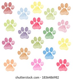 Cute doodle hand drawn colorful paw prints vector background