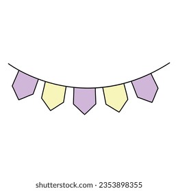 Cute doodle hand drawn colorful flags. Free hand paper cute baby garland isolated on white background in yellow and purple color.