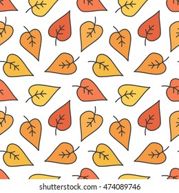 Cute doodle, hand drawn colorful autumn leaves seamless pattern background.