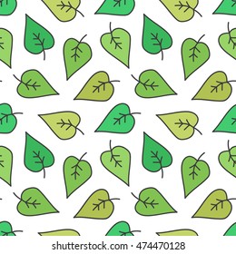 Cute doodle, hand drawn colorful summer fresh green leaves seamless pattern background.
