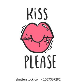 Cute doodle hand drawn isolated vector illustration of full red lips and lettering Kiss Please