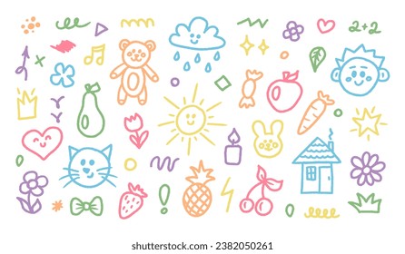 Cute doodle hand drawn kids set. Colorful element of scribble, heart, animal, flower, sun and cloud. Vector modern illustration