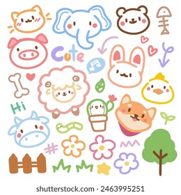 Cute doodle hand drawn kids set. Colorful element of cat, panda, bear, bunny, dog and flowers.