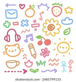 Cute doodle hand drawn kids set.Kawaii Doodle Collection with Fun Icons and Elements.Colorful Cartoon Doodles. Happy and Playful Designs.Cute Hand Drawn Illustrations With Music, Nature, and More.